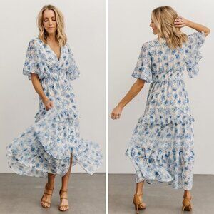 Baltic Born Maxi Dress Size 1X Blue White Floral Boho Cottagecore Tiered Flowy
